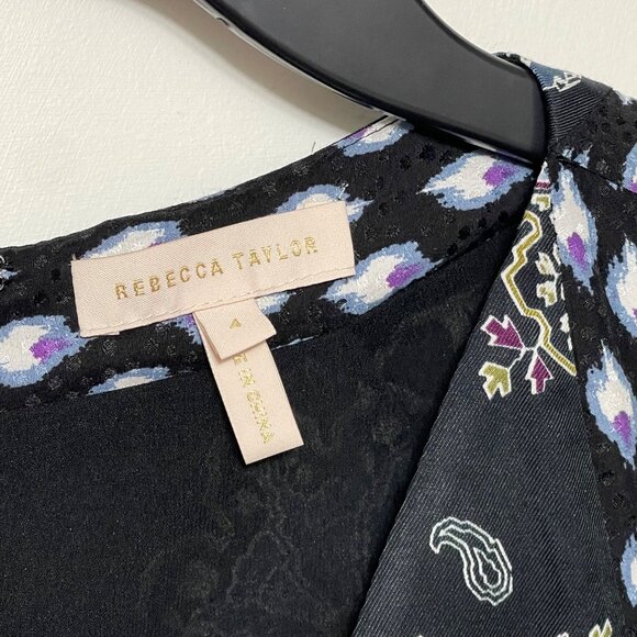 New Rebecca Taylor Ruffle Sleeve Paisley Silk Blend A-line Dress Black Combo 4 - Picture 11 of 14